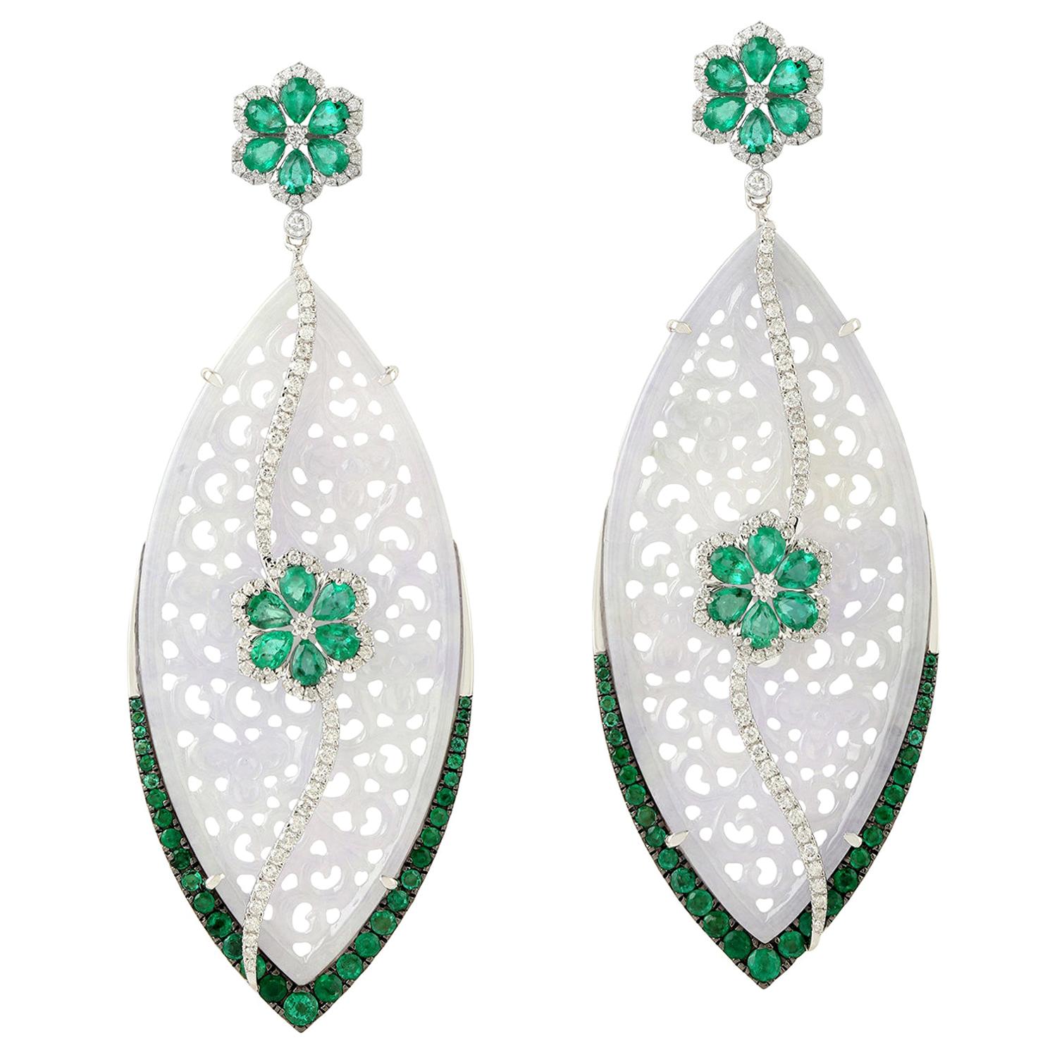 26.04 Carat Carved Jade Emerald 18 Karat Gold Diamond Earrings