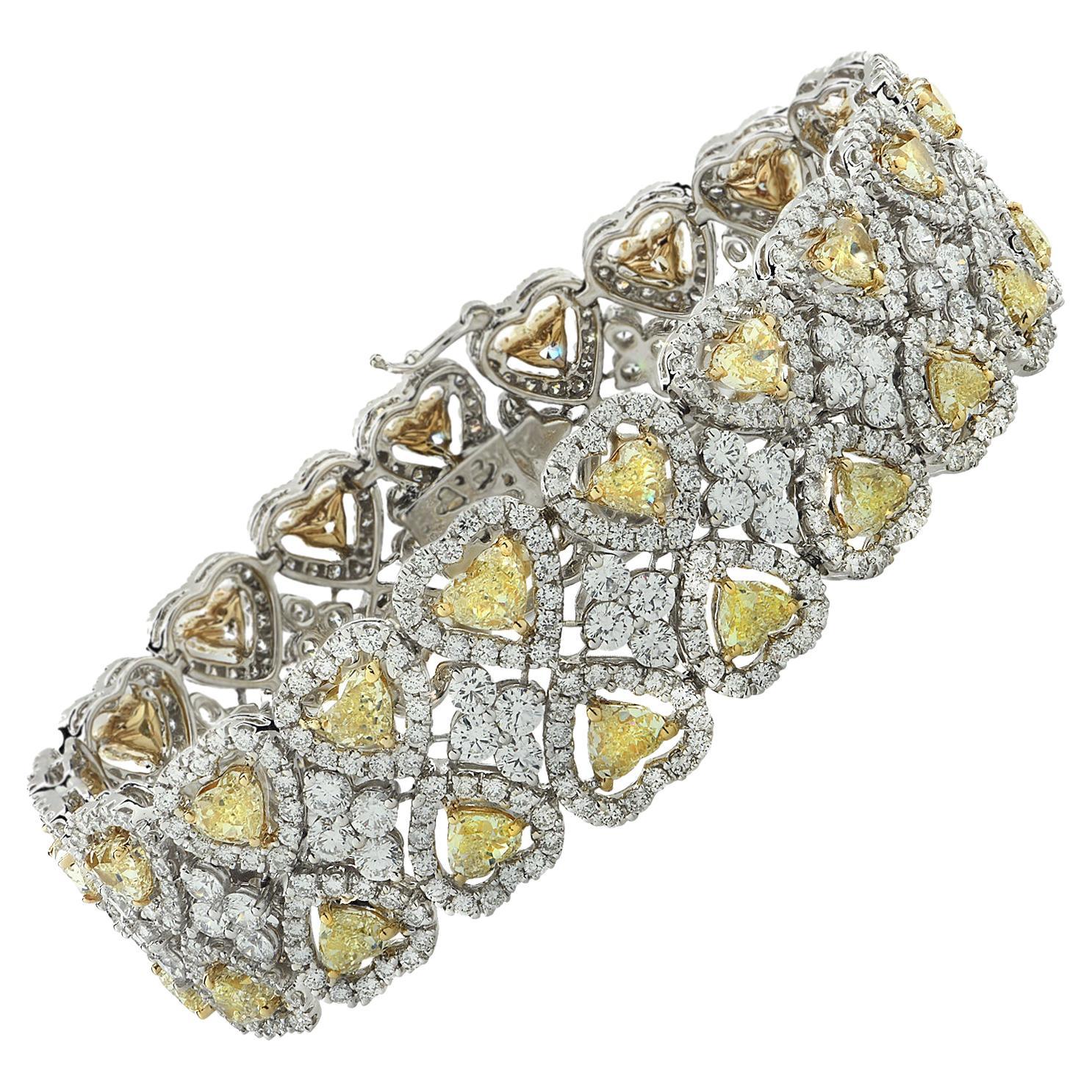26.04 Carat Fancy Yellow Heart Shape Diamond Halo Bracelet For Sale