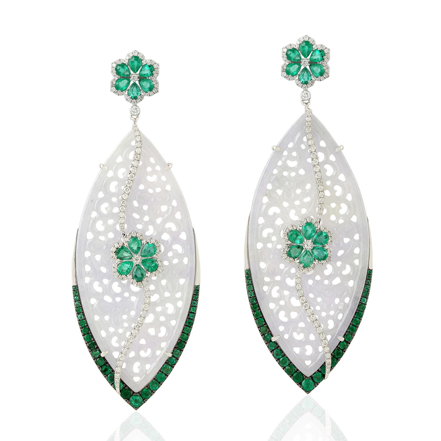 Marquise Cut 26.04 Carat Carved Jade Emerald 18 Karat Gold Diamond Earrings For Sale