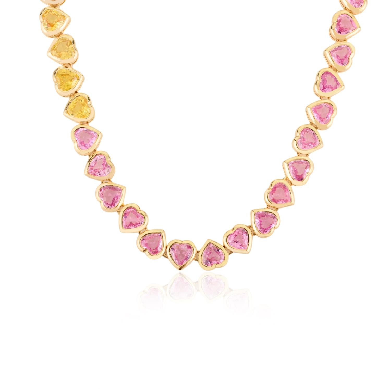 26,06 Ct. Collar de Tenis Largo con Zafiro Múltiple en Forma de Corazón en Oro Amarillo de 14k Art Decó en venta