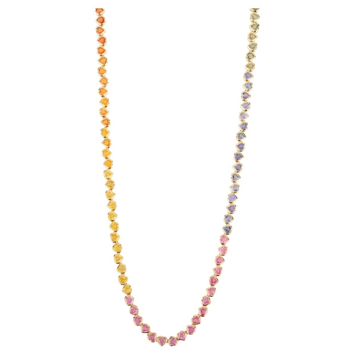 26.06 Ct. Heart Shape Multi Sapphire Long Tennis Necklace in 14k Yellow Gold
