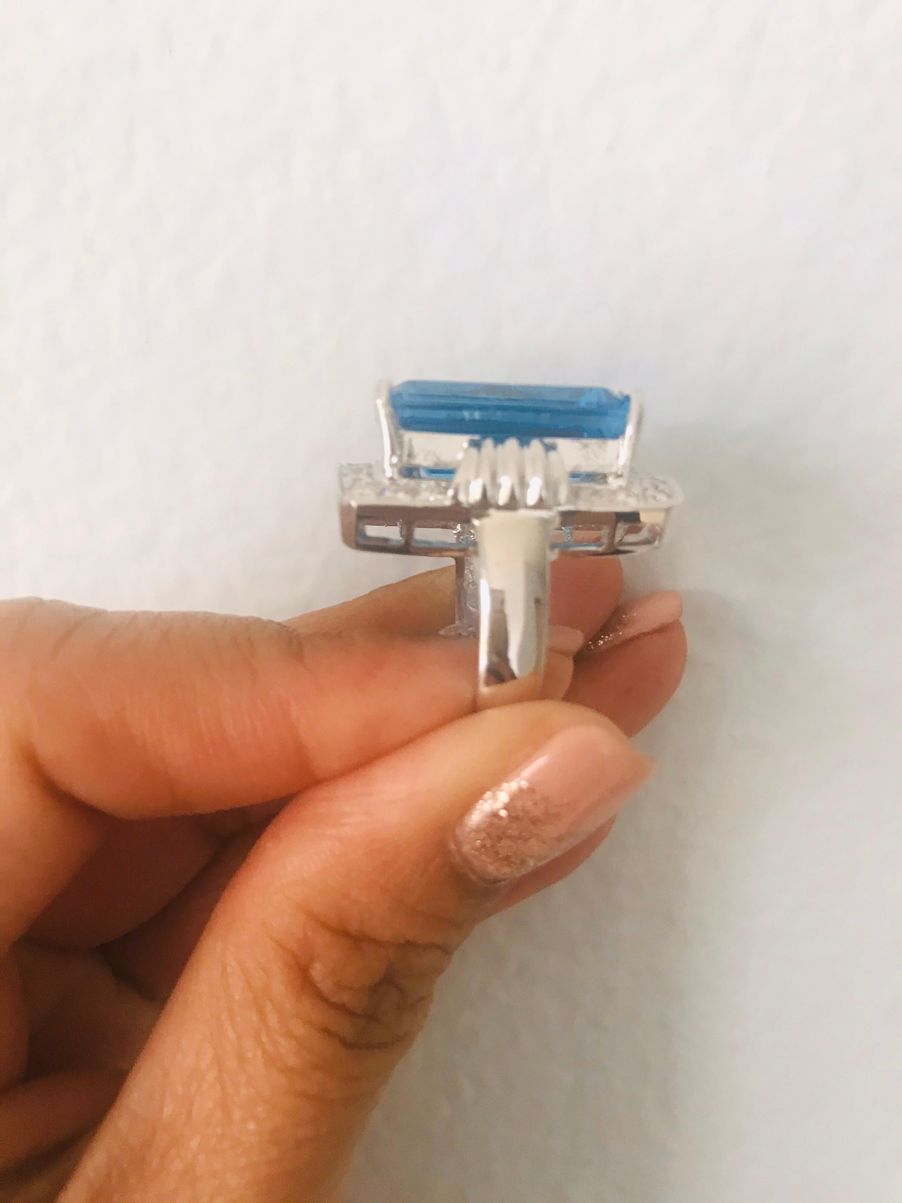 26.07 Carat Emerald Cut Blue Topaz Diamond White Gold Cocktail Ring For Sale 5