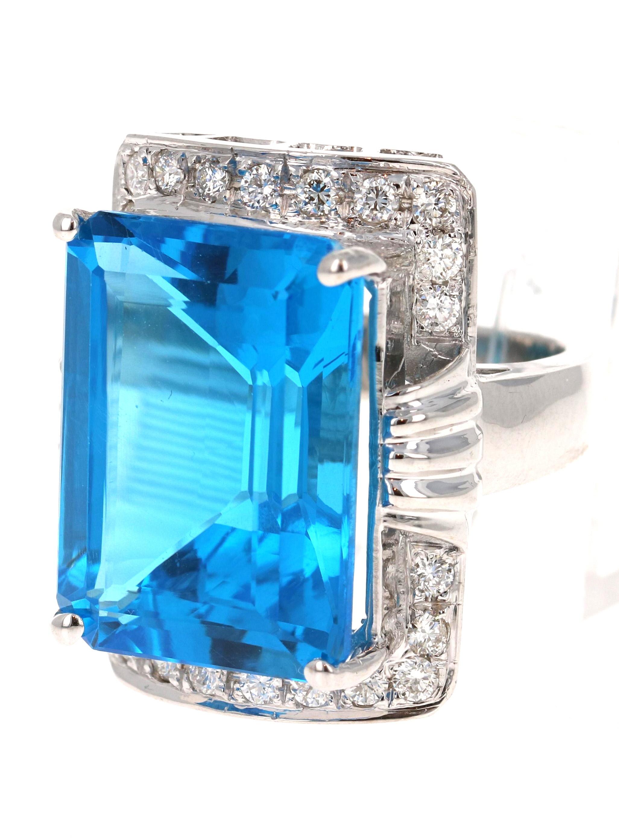 26.07 Carat Emerald Cut Blue Topaz Diamond White Gold Cocktail Ring In New Condition For Sale In Los Angeles, CA