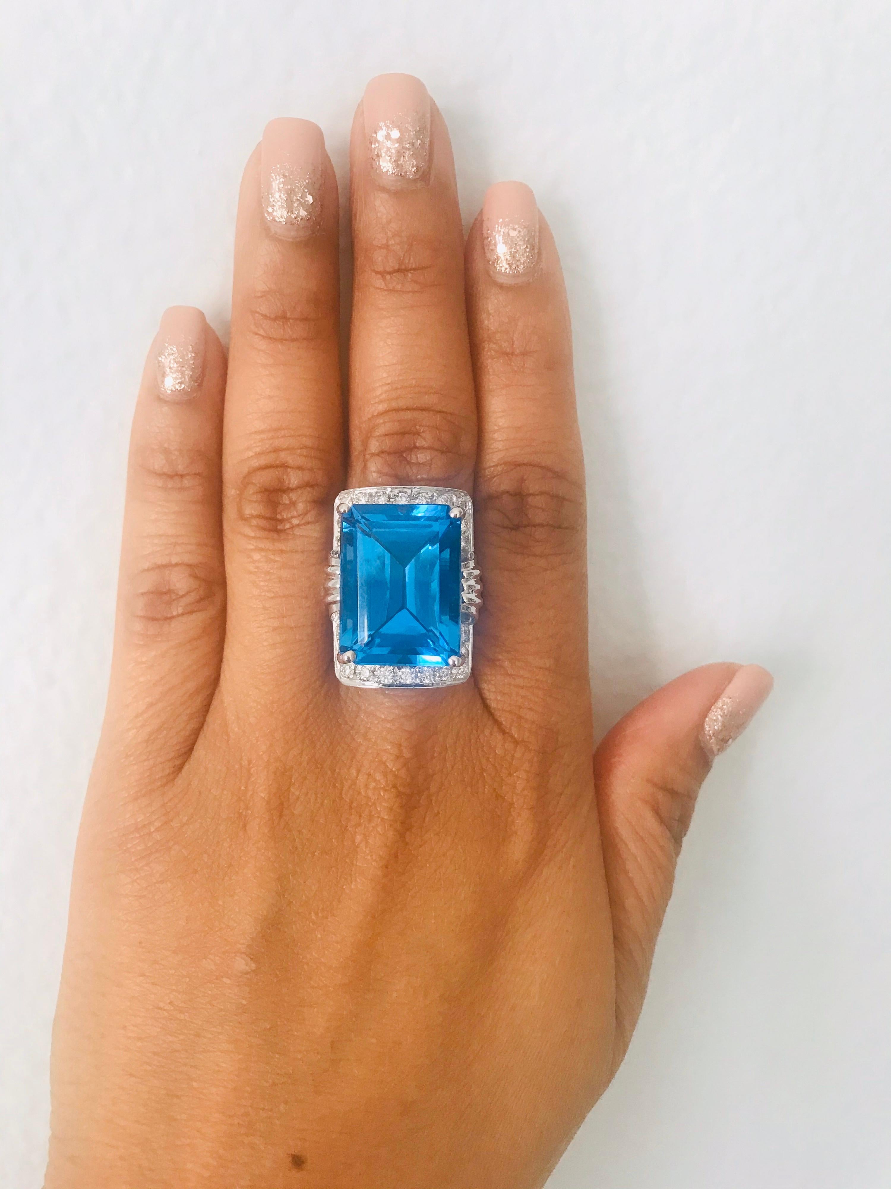 26.07 Carat Emerald Cut Blue Topaz Diamond White Gold Cocktail Ring For Sale 1