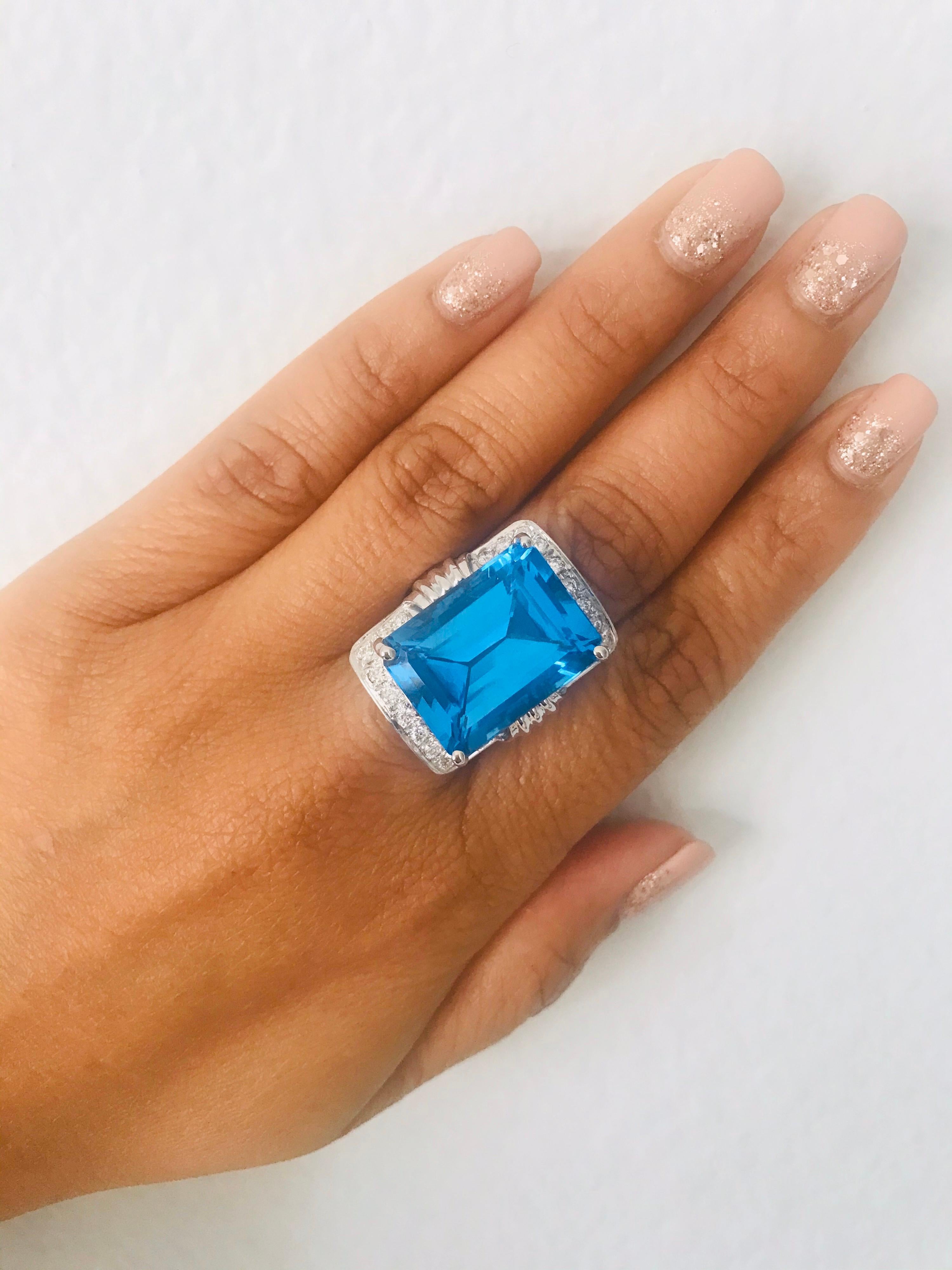 26.07 Carat Emerald Cut Blue Topaz Diamond White Gold Cocktail Ring For Sale 2