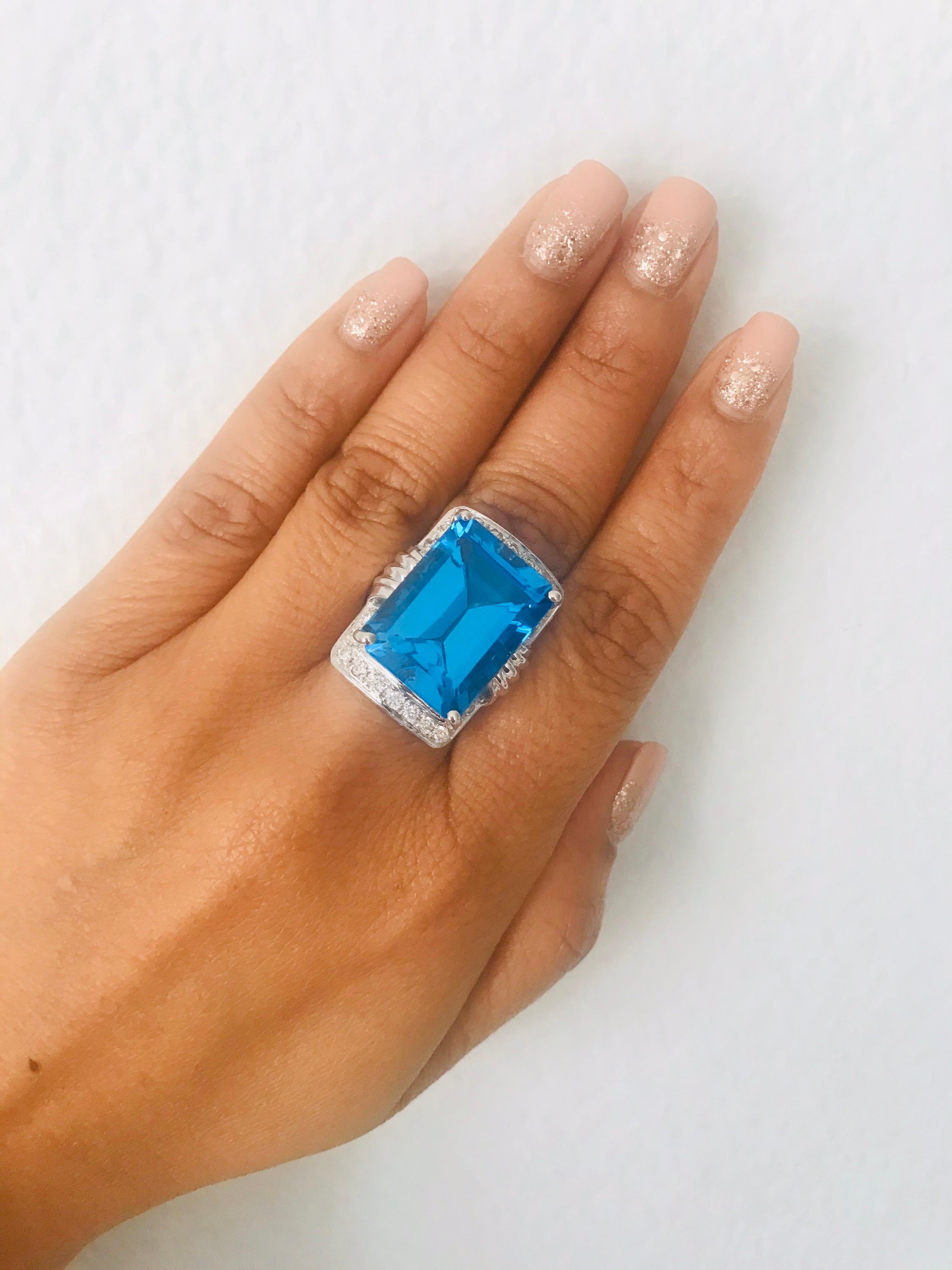 26.07 Carat Emerald Cut Blue Topaz Diamond White Gold Cocktail Ring For Sale 3