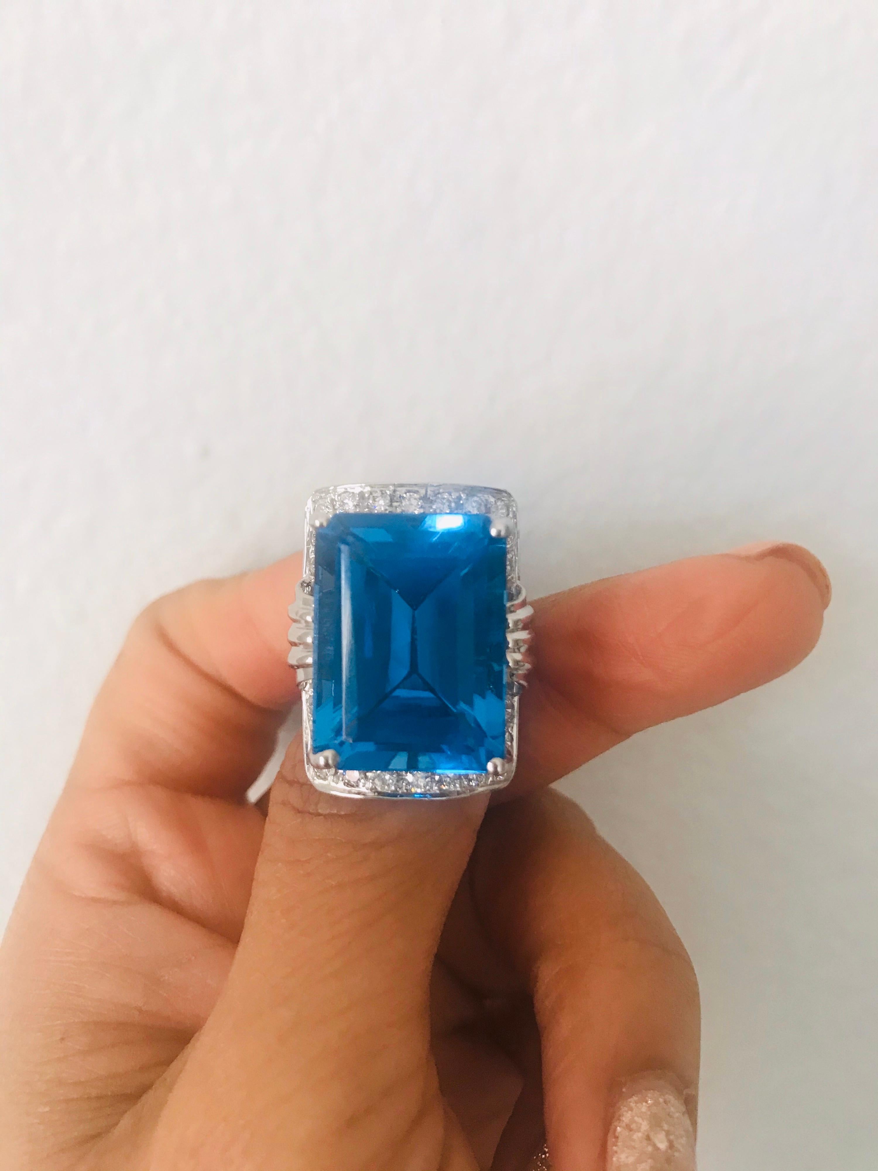 26.07 Carat Emerald Cut Blue Topaz Diamond White Gold Cocktail Ring For Sale 4