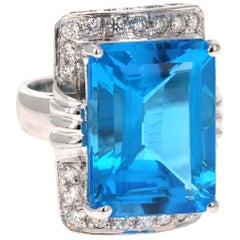 26.07 Carat Emerald Cut Blue Topaz Diamond 14 Karat White Gold Cocktail Ring