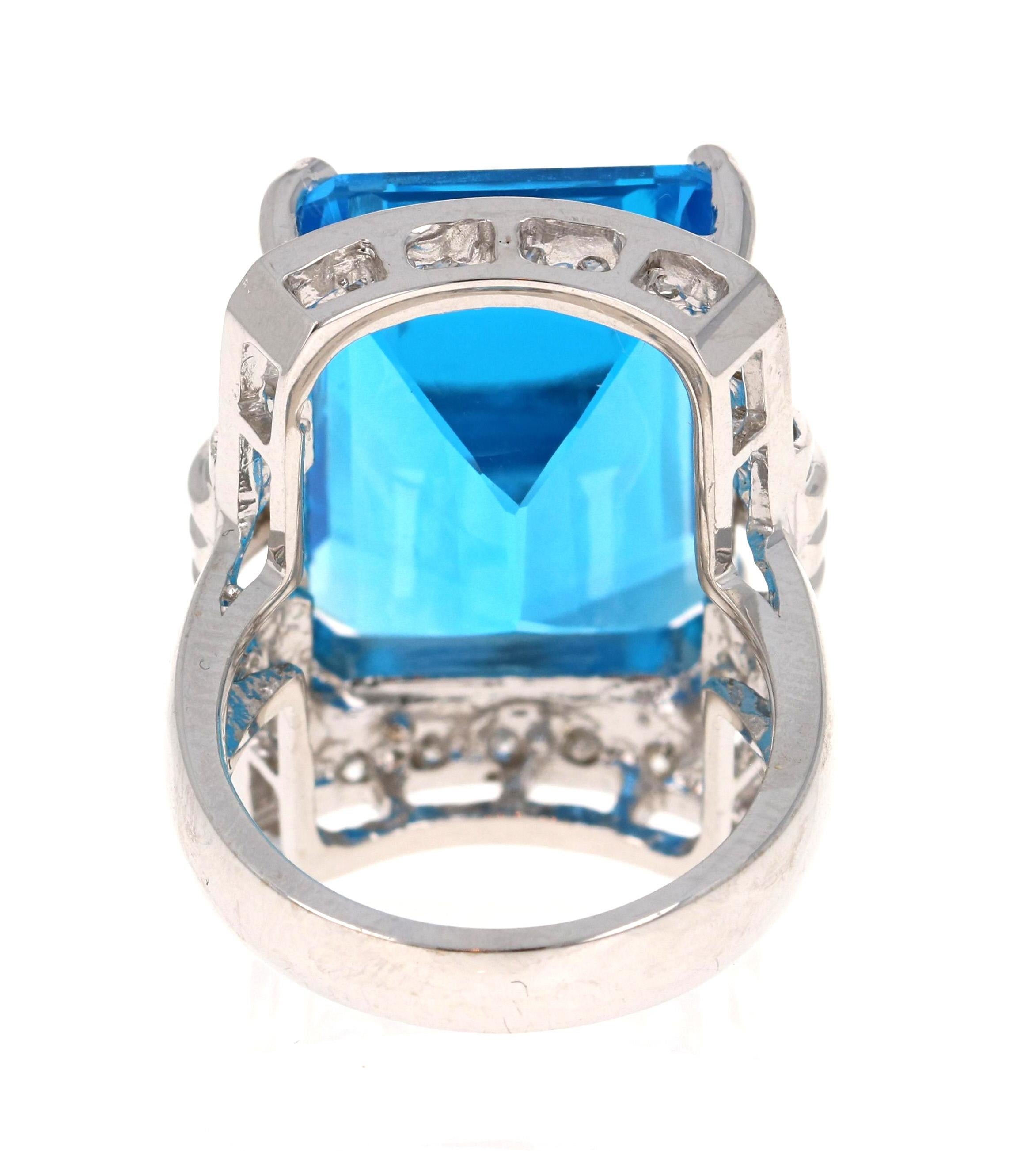 Women's 26.07 Carat Emerald Cut Blue Topaz Diamond White Gold Cocktail Ring For Sale