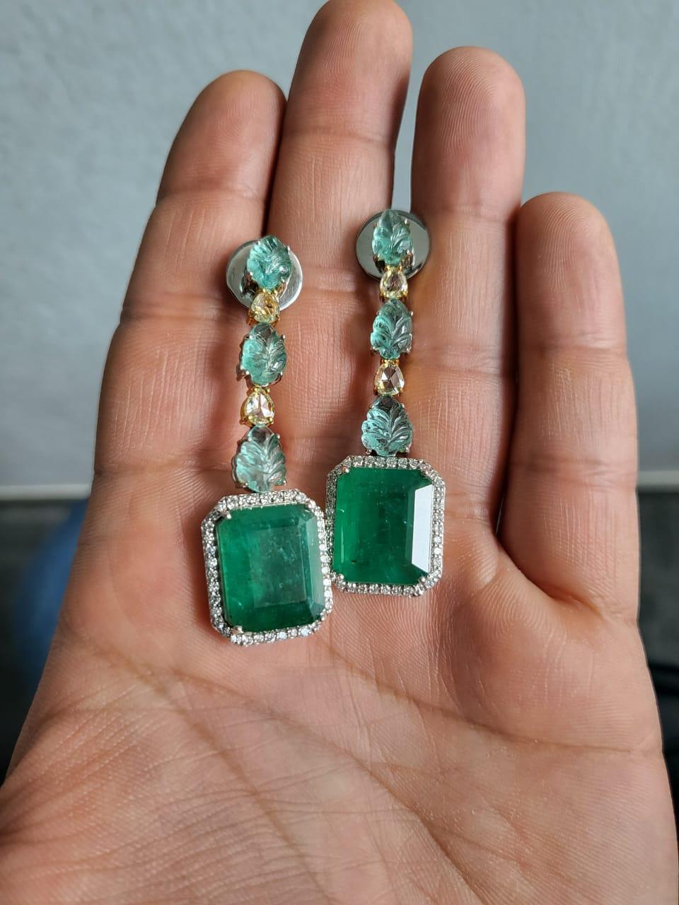26.09 carats, natural Zambian Emerald and Diamonds Dangle Earrings  For Sale 2