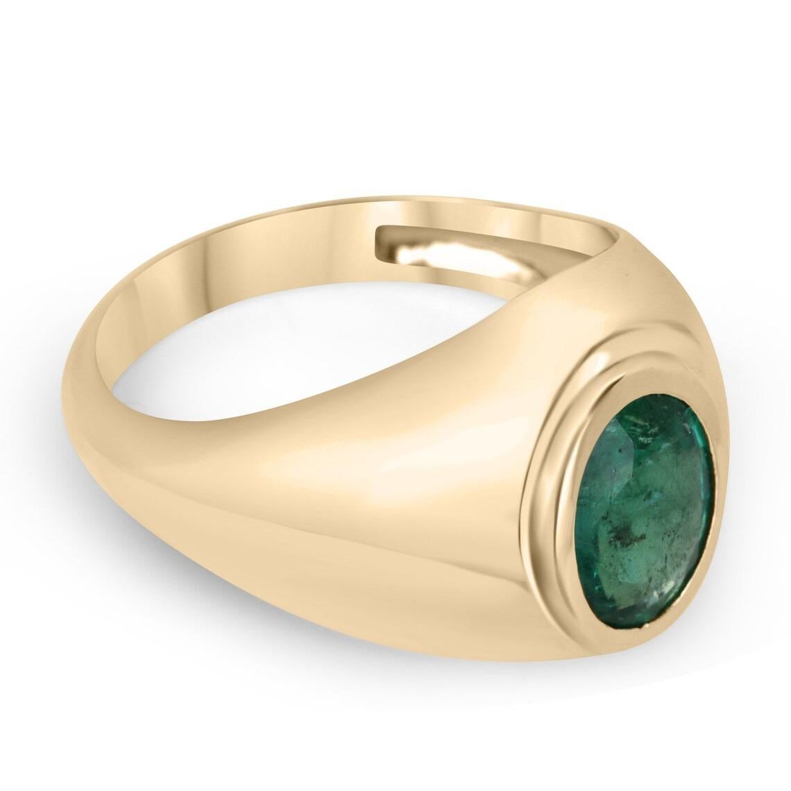 A luxurious solitaire emerald ring. The center stone features a magnificent 2.60-carat, natural oval-cut emerald ethically sourced from the origins of Zambia. This gemstone showcases an enthralling medium-dark green color with very good luster and