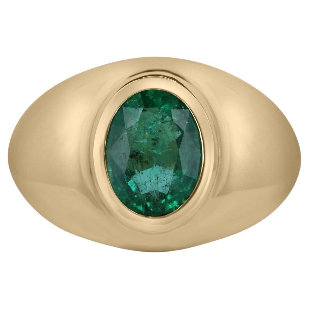 2.60ct 14K Large Chunky Men's Solitaire Dark Green Oval Cut Emerald Gold Ring