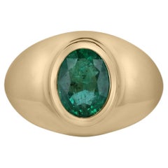 2.60ct 14K Large Chunky Men's Solitaire Dark Green Oval Cut Emerald Gold Ring