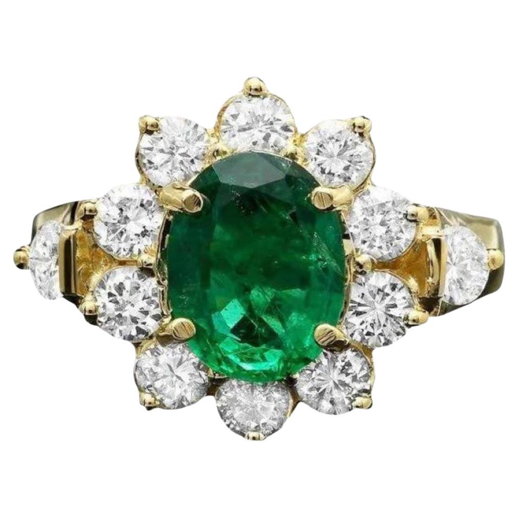2.60Ct Natural Emerald and Diamond 14K Solid Yellow Gold Ring