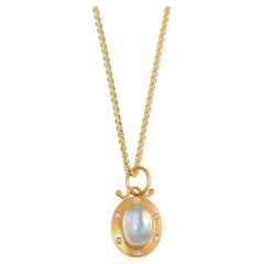 2.60ct Oval Moonstone Charm Pendant Necklace with Diamonds, 24kt Gold and Silver