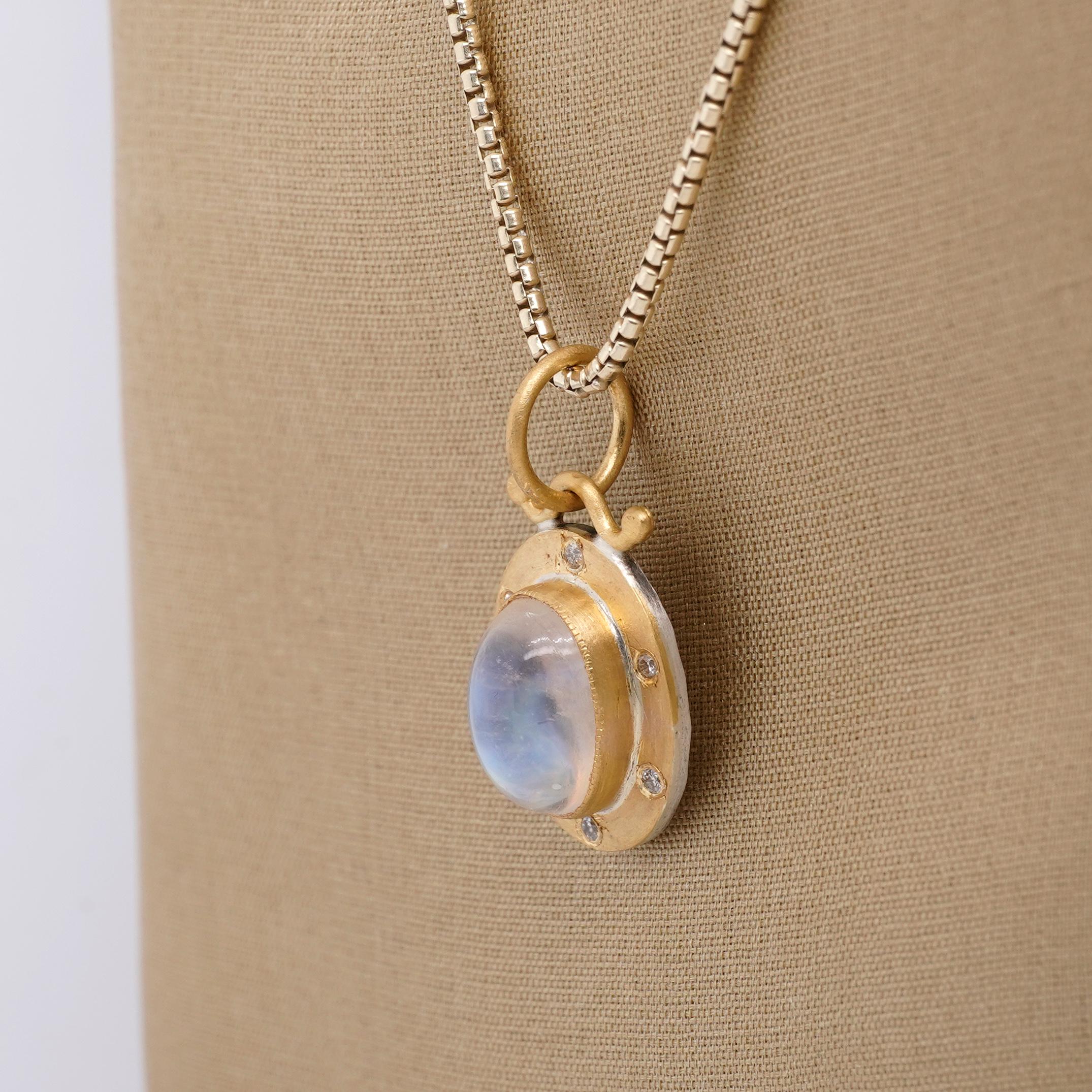 Contemporary 2.60ct Oval Moonstone Charm Pendant Necklace with Diamonds, 24kt Gold and Silver For Sale