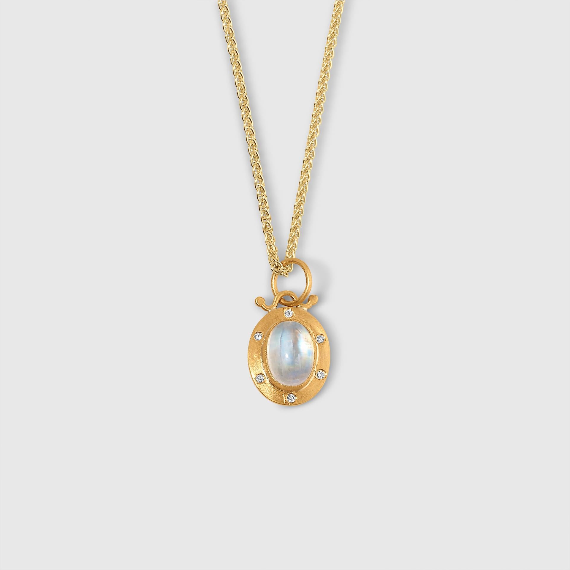 Cabochon 2.60ct Oval Moonstone Charm Pendant Necklace with Diamonds, 24kt Gold and Silver For Sale