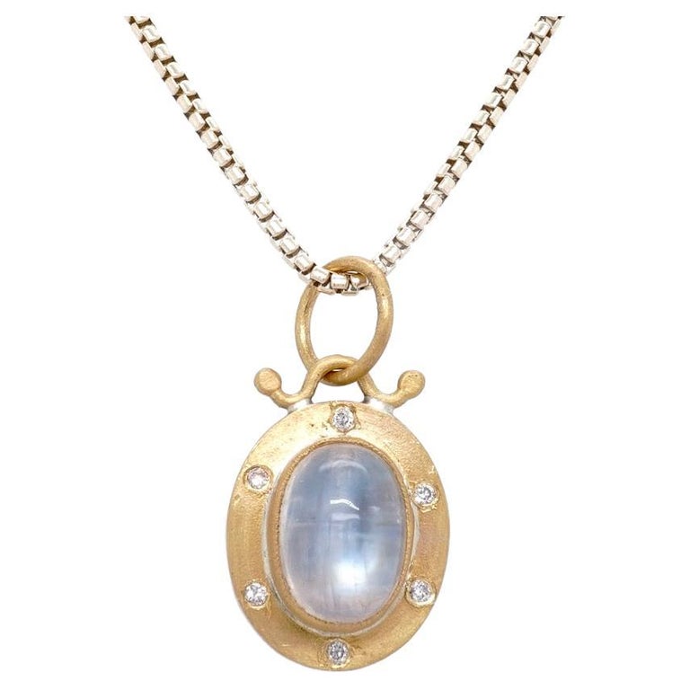 2.60ct Oval Moonstone Charm Pendant Necklace with Diamonds, 24kt Gold