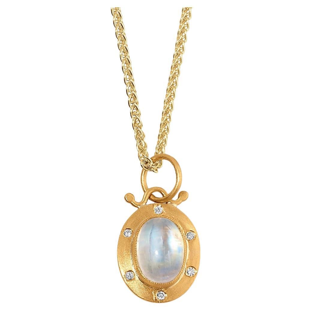 2.60ct Oval Moonstone Charm Pendant Necklace with Diamonds, 24kt Gold and Silver For Sale