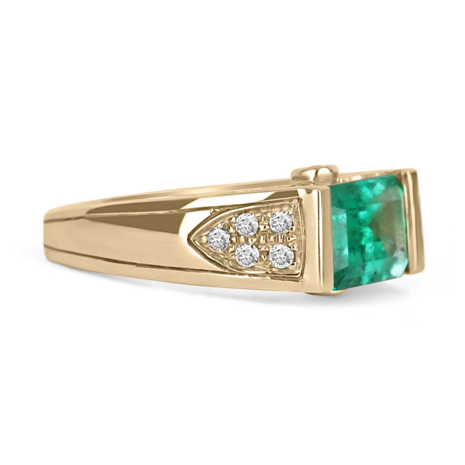 An East to West statement, or right-hand ring. Dexterously crafted in gleaming 14K gold this ring features a 2.34-carat natural Colombian emerald-emerald cut. Set in a tension setting, showing off its incredible cut. This emerald has very good eye