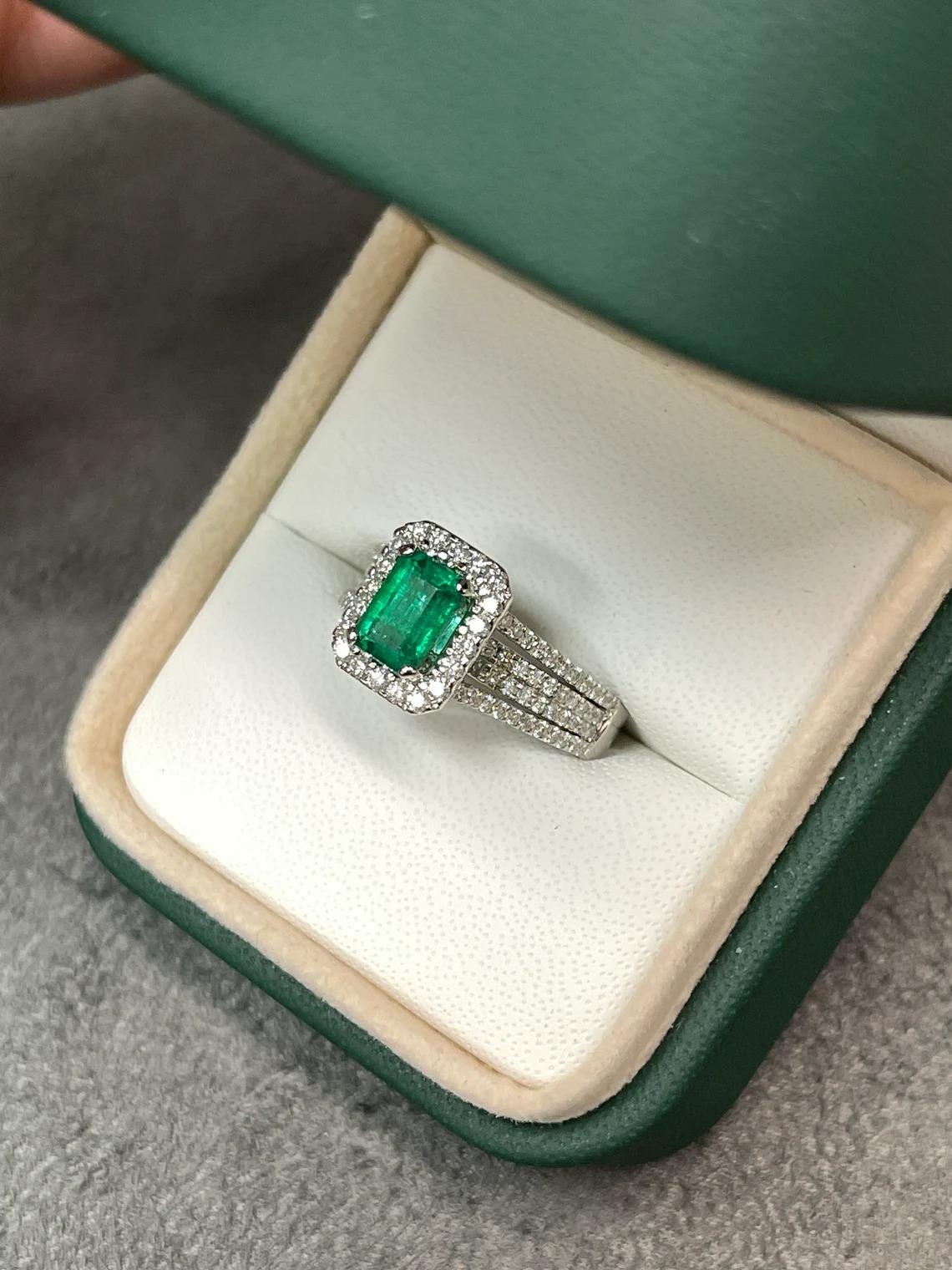 2.60tcw 14K Natural Emerald-Emerald Cut & Diamond Halo Statement Gold Ring In New Condition For Sale In Jupiter, FL