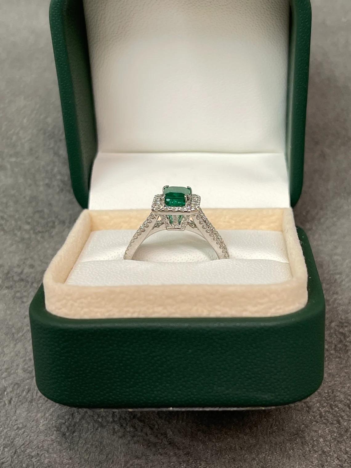 Women's 2.60tcw 14K Natural Emerald-Emerald Cut & Diamond Halo Statement Gold Ring For Sale