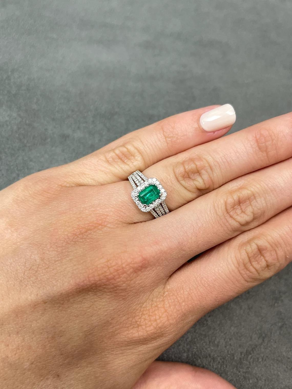2.60tcw 14K Natural Emerald-Emerald Cut & Diamond Halo Statement Gold Ring For Sale 1