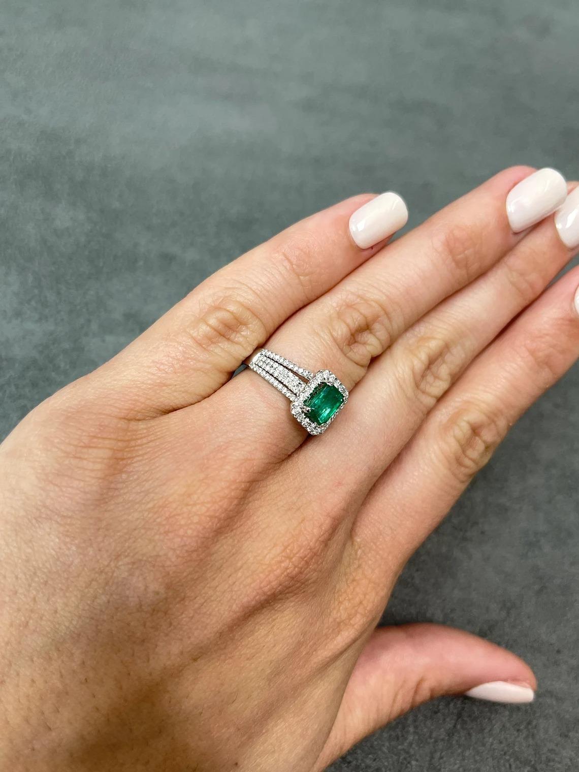2.60tcw 14K Natural Emerald-Emerald Cut & Diamond Halo Statement Gold Ring For Sale 3