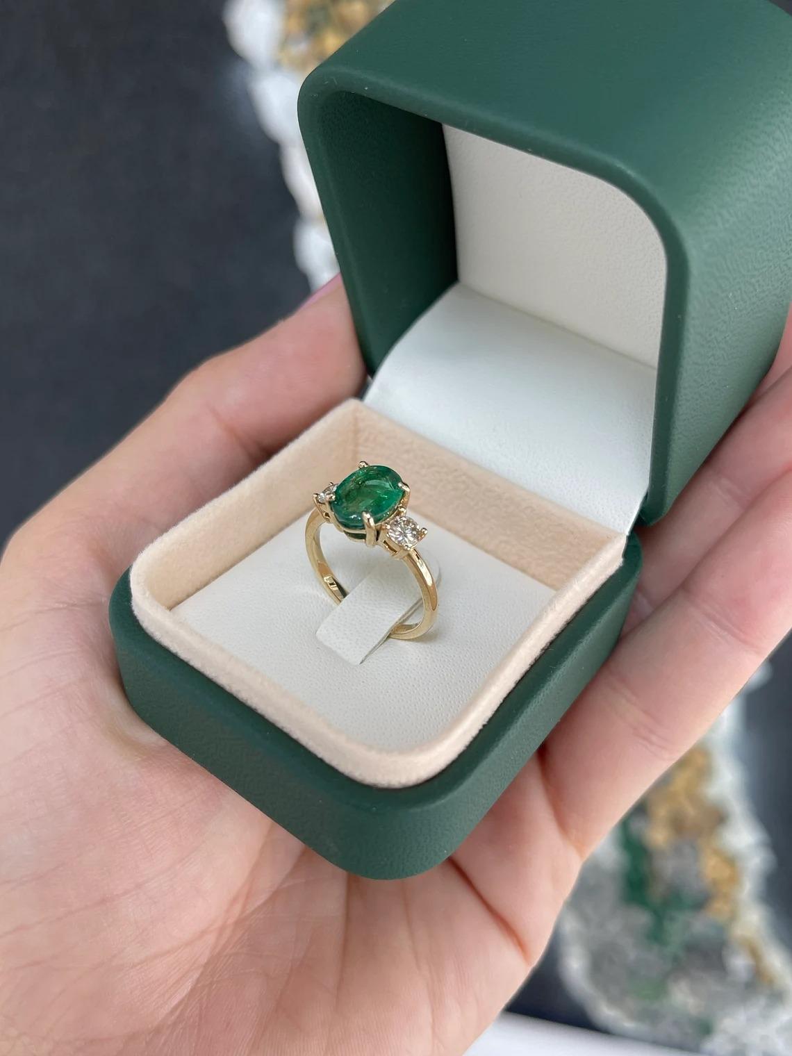 Women's 2.60tcw 14K Oval Cut Emerald & Brilliant Round Diamond Three Stone Prong Set Rin For Sale