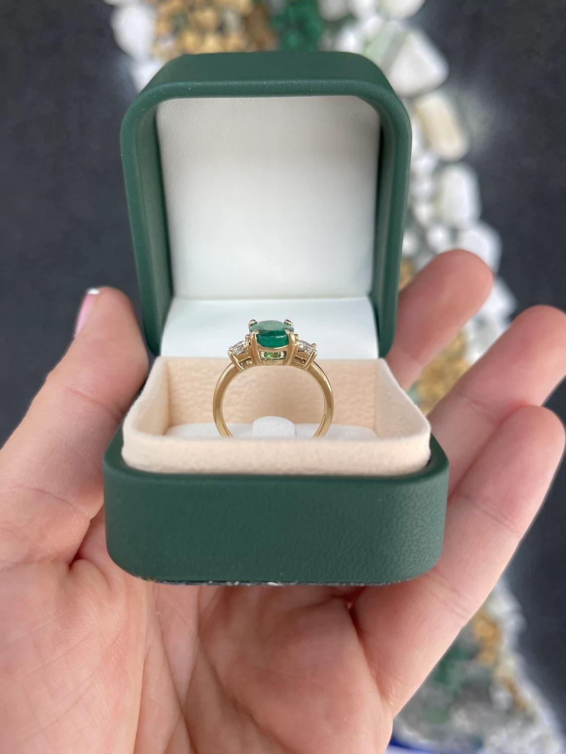 2.60tcw 14K Oval Cut Emerald & Brilliant Round Diamond Three Stone Prong Set Rin For Sale 2