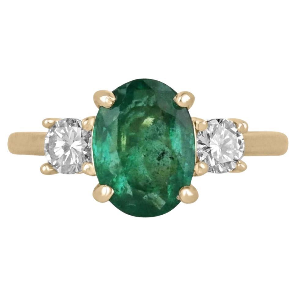 2.60tcw 14K Oval Cut Emerald & Brilliant Round Diamond Three Stone Prong Set Rin For Sale