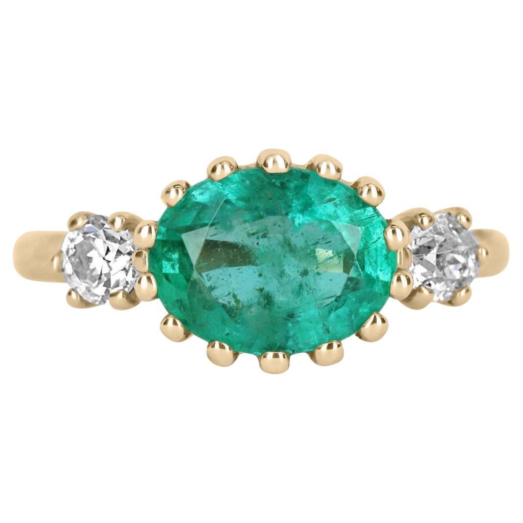 2.60tcw 14K Three Stone Oval Emerald & Diamond Ring For Sale