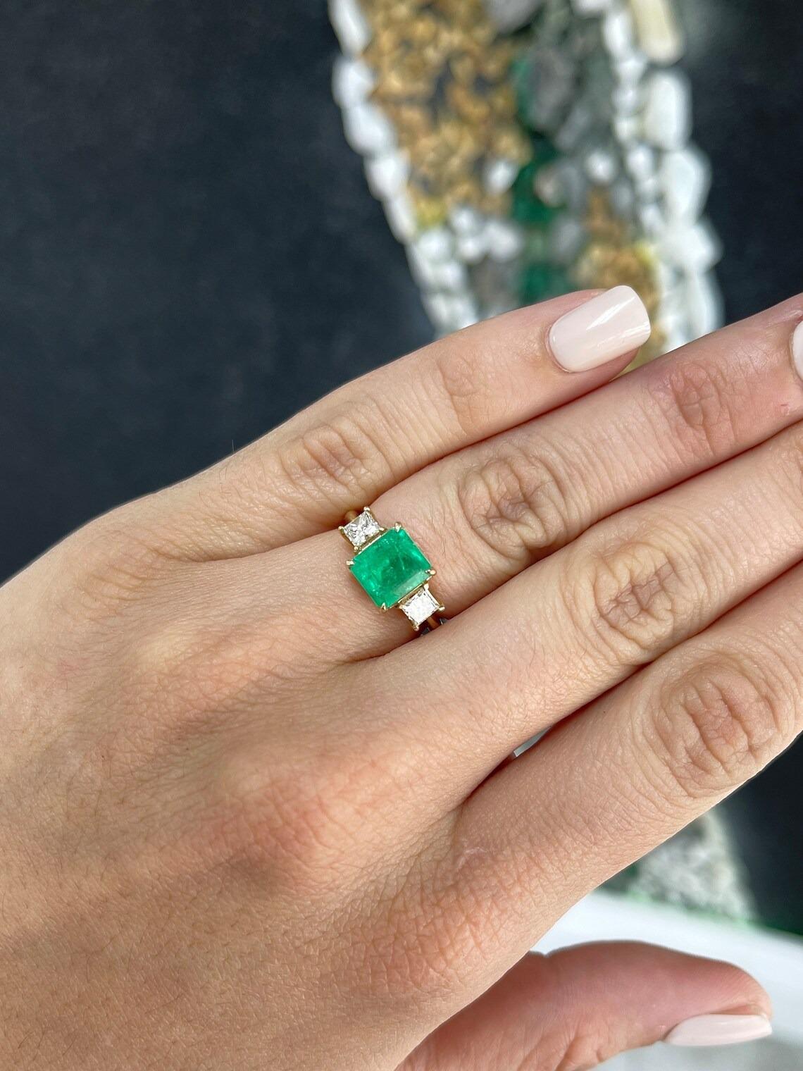 2.60tcw 14K Vivid Asscher Cut Colombian Emerald & Princess Cut Diamond 3S Ring For Sale 2
