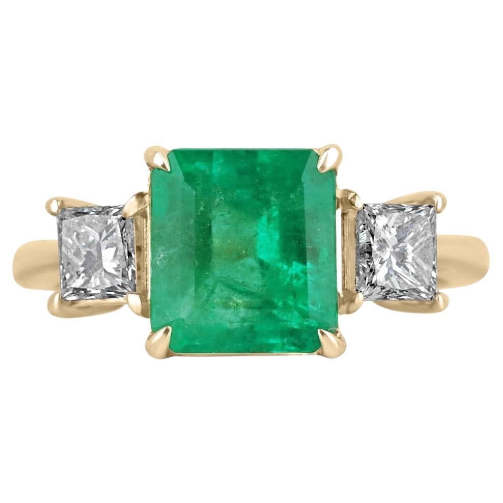 2.60tcw 14K Vivid Asscher Cut Colombian Emerald & Princess Cut Diamond 3S Ring For Sale