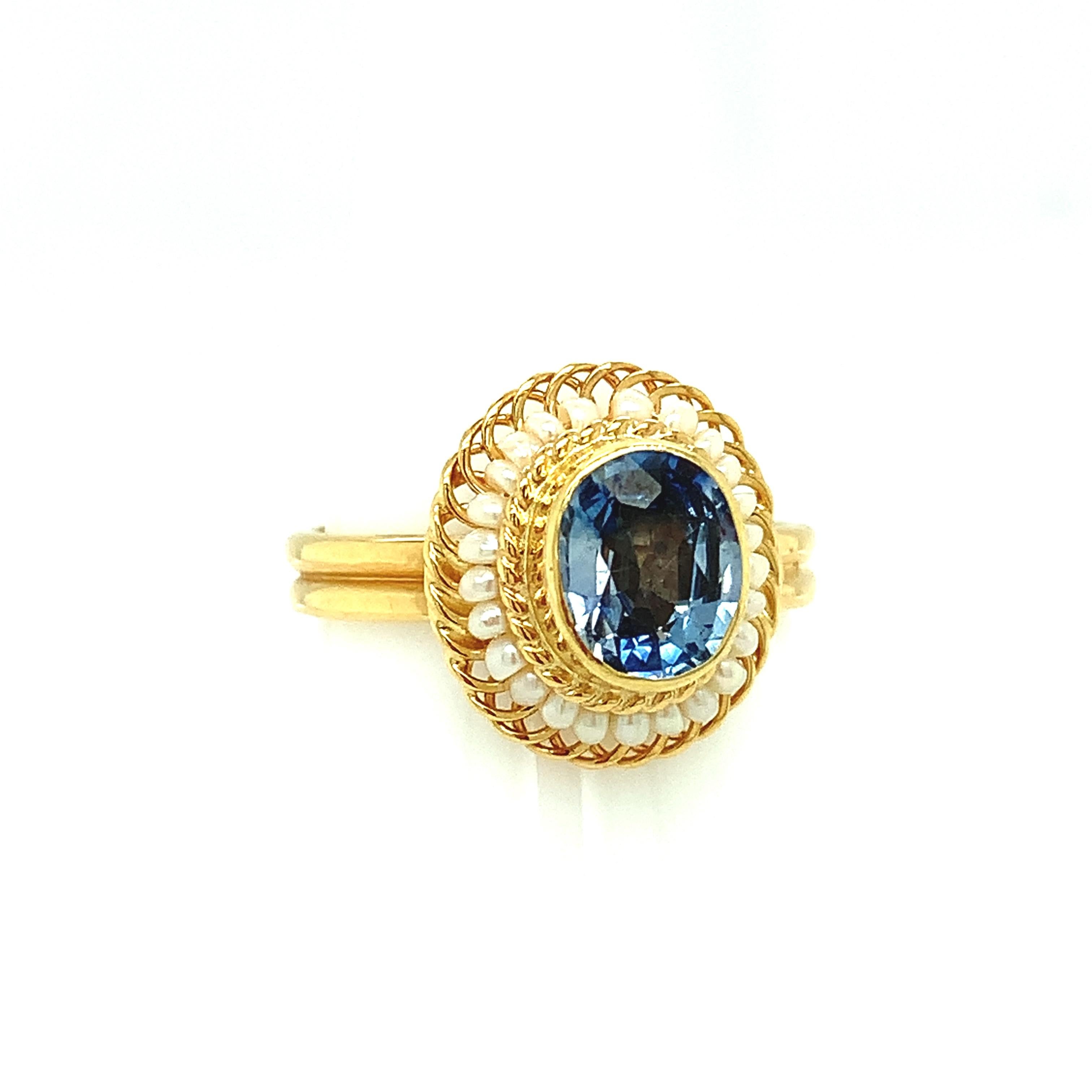 Artisan 2.61 Carat Blue Sapphire, Seed Pearl Yellow Gold Filigree Cocktail Ring