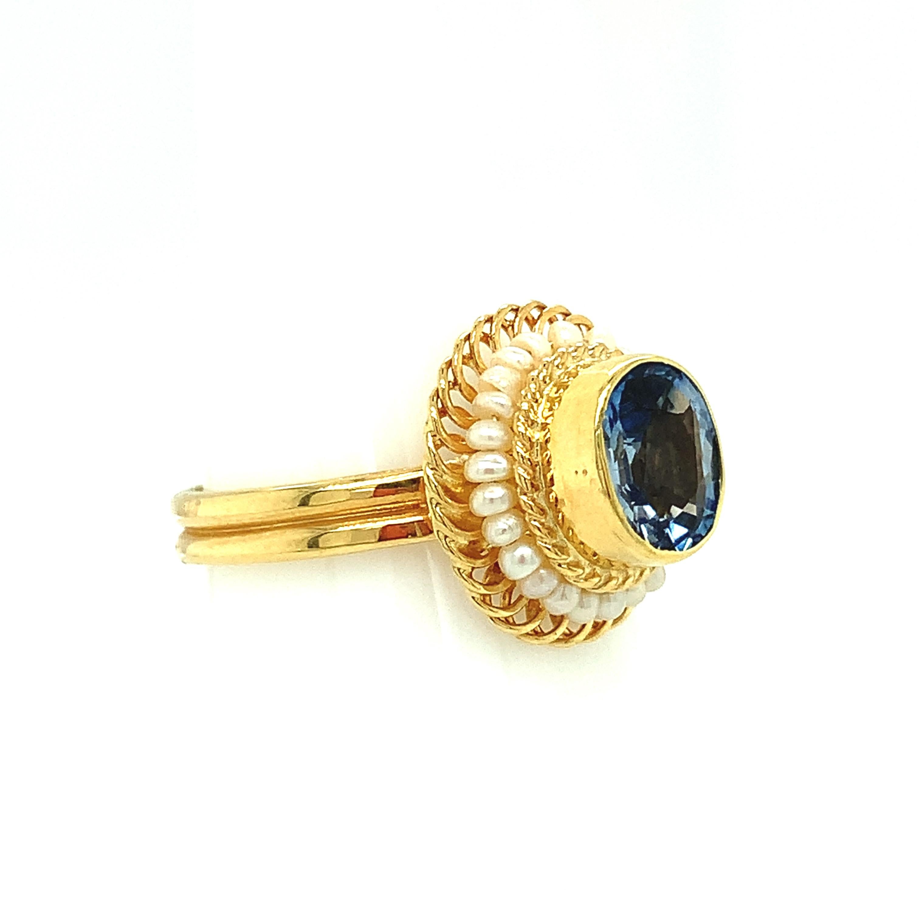 Oval Cut 2.61 Carat Blue Sapphire, Seed Pearl Yellow Gold Filigree Cocktail Ring