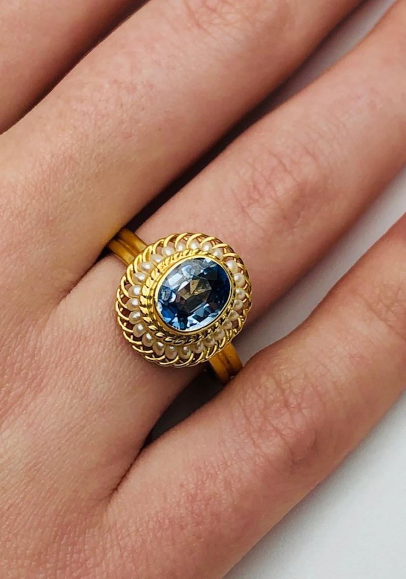 Women's 2.61 Carat Blue Sapphire, Seed Pearl Yellow Gold Filigree Cocktail Ring