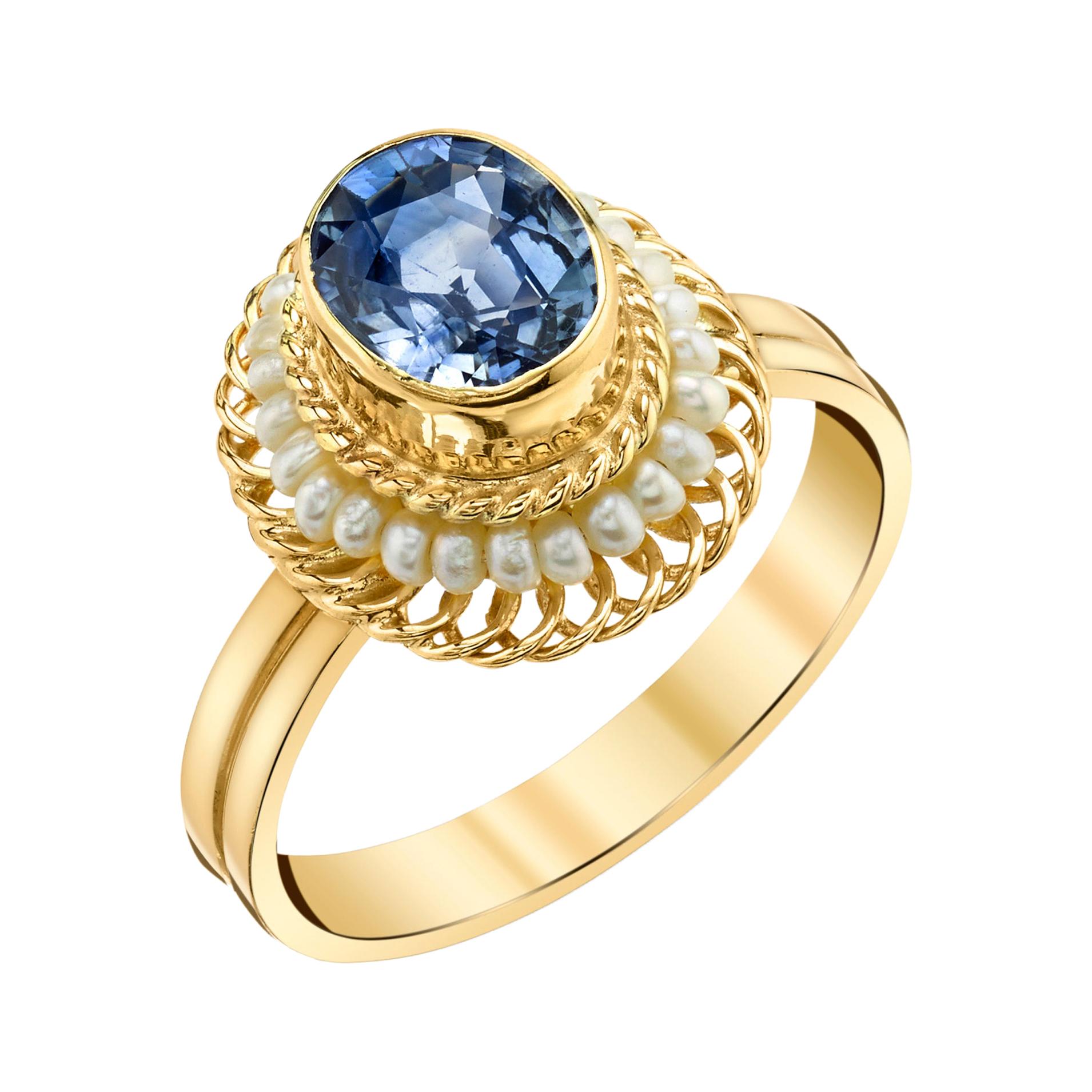 2.61 Carat Blue Sapphire, Seed Pearl Yellow Gold Filigree Cocktail Ring