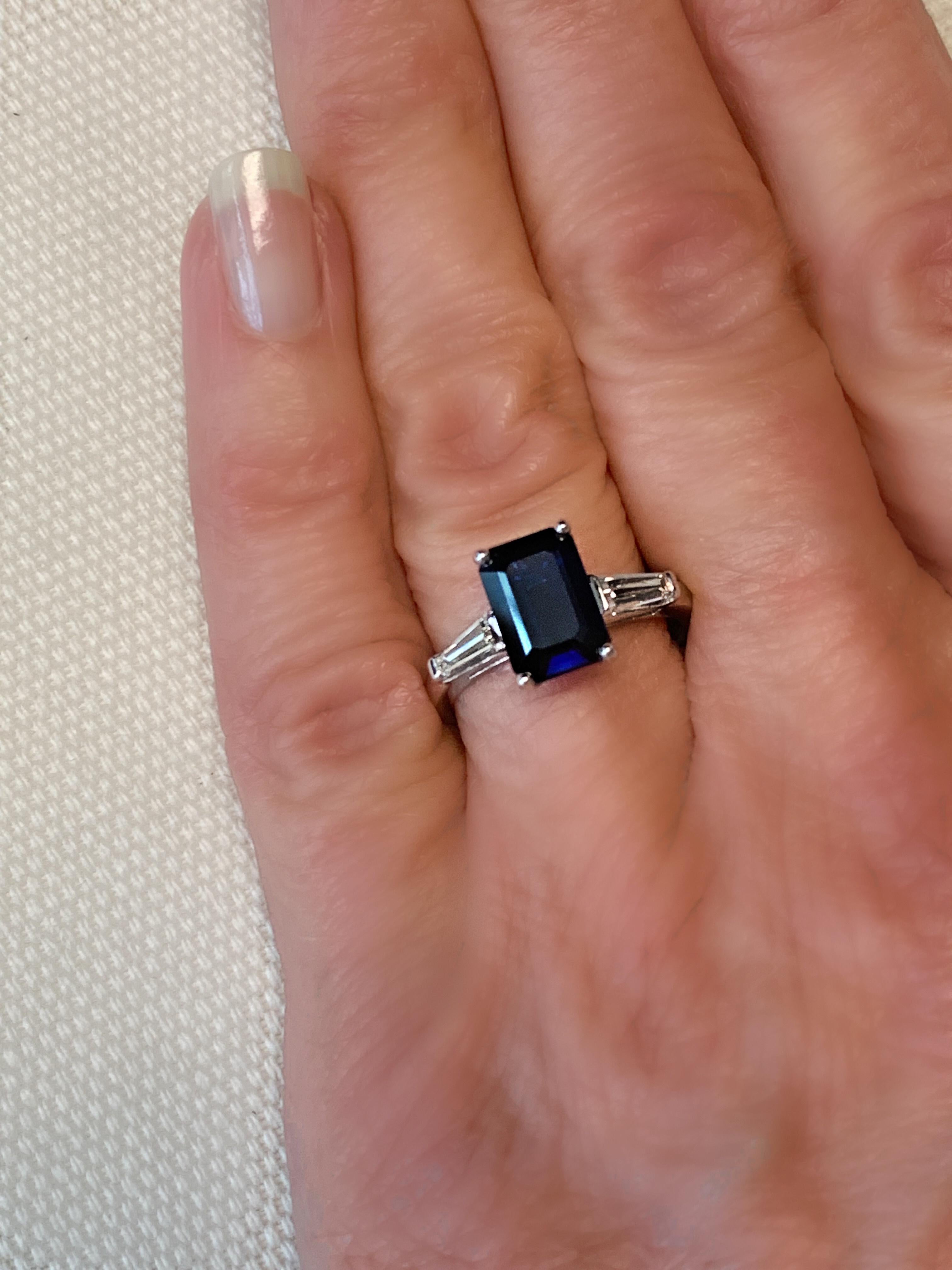 Emerald Cut Blue Sapphire and Diamond 3-Stone Engagement Ring in White Gold, 2.61 Carats 