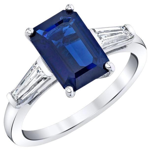Blue Sapphire and Diamond 3-Stone Engagement Ring in White Gold, 2.61 Carats 