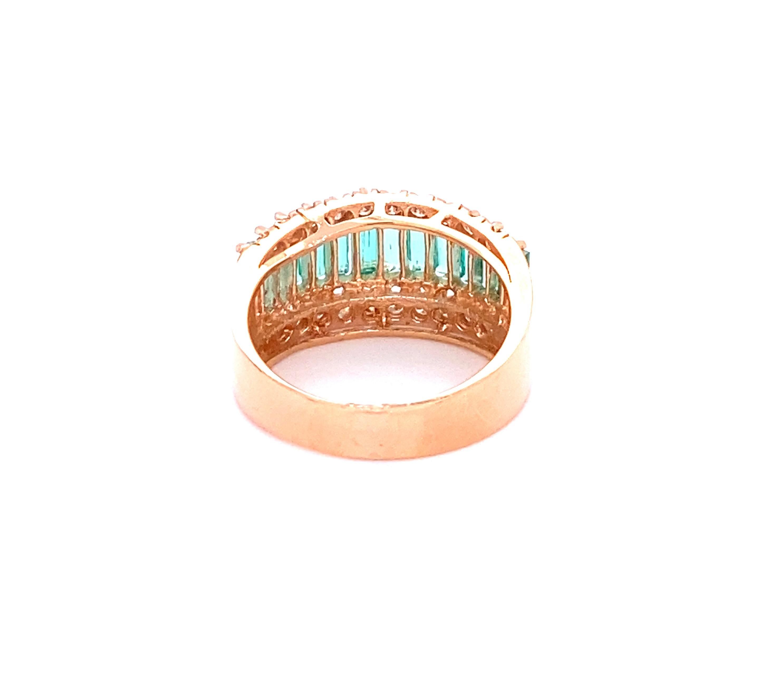 2,61 Karat Smaragd Diamant 14 Karat Roségold Ring (Baguetteschliff) im Angebot