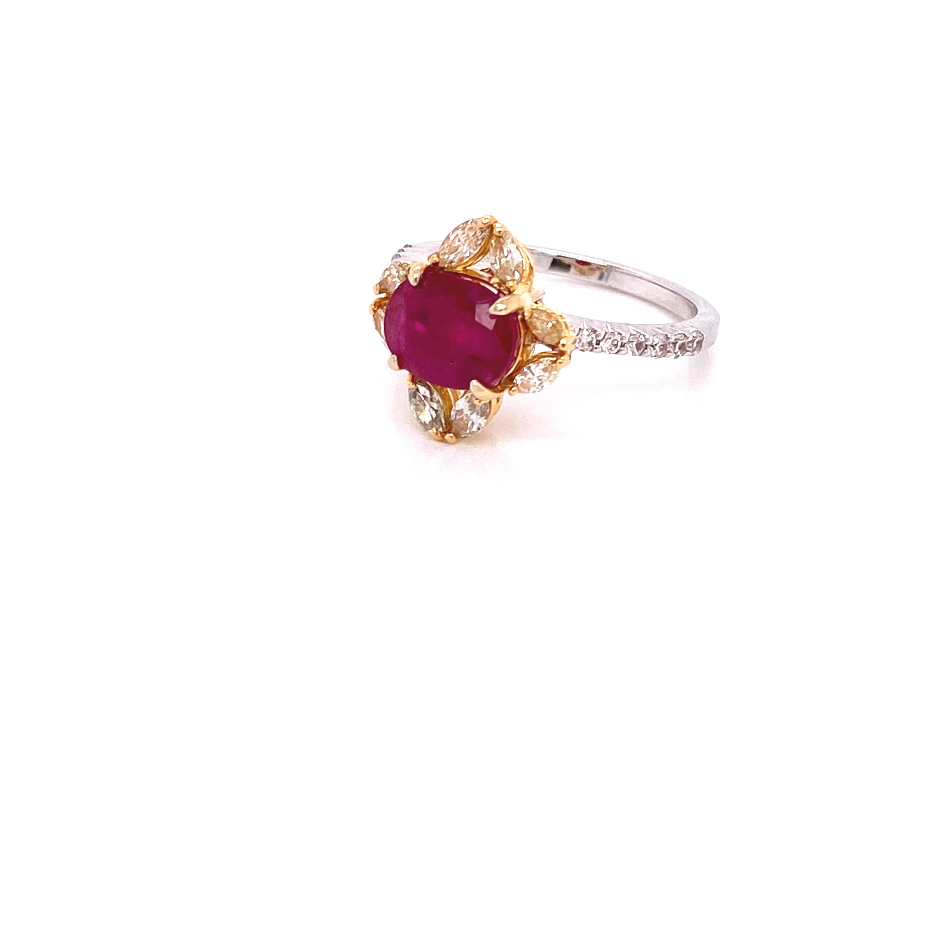 Women's or Men's 2.61 Carat GRS Certified Unheated Burmese Ruby and Diamond Gold Engagement Ring For Sale