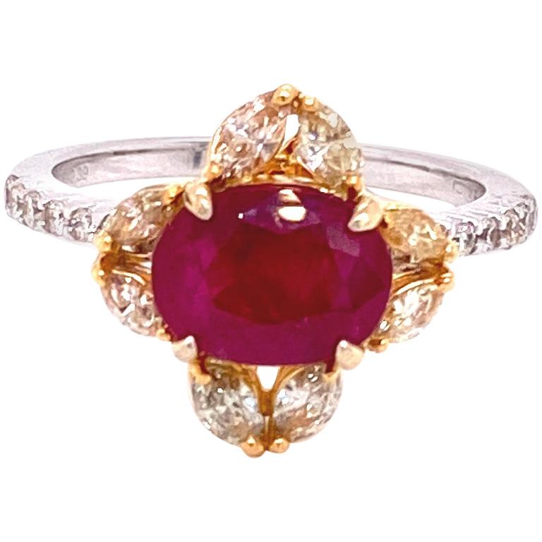 2.61 Carat GRS Certified Unheated Burmese Ruby and Diamond Gold Engagement Ring For Sale