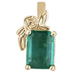 2.61 Carat Lush Green Emerald Cut Floral Motif Pendant Necklace