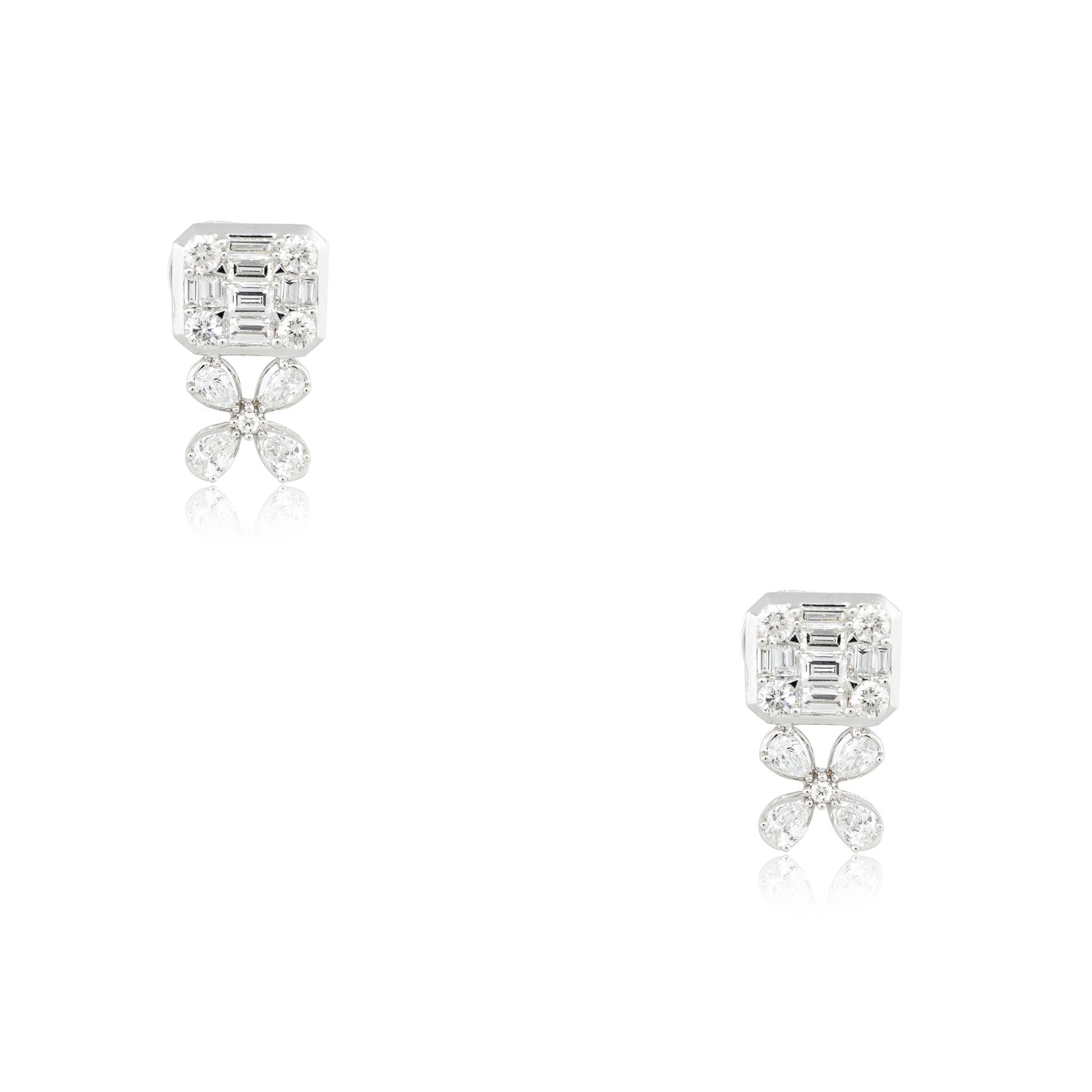 18k White Gold 2.61ctw Multi-Shape Diamond Flower Stud Earrings
Material: 18k White Gold
Diamond Details: Diamonds are approximately 2.61ctw of Round Brilliant, Baguette, and Pear shaped Diamonds. There are 34 diamonds total and all diamonds are