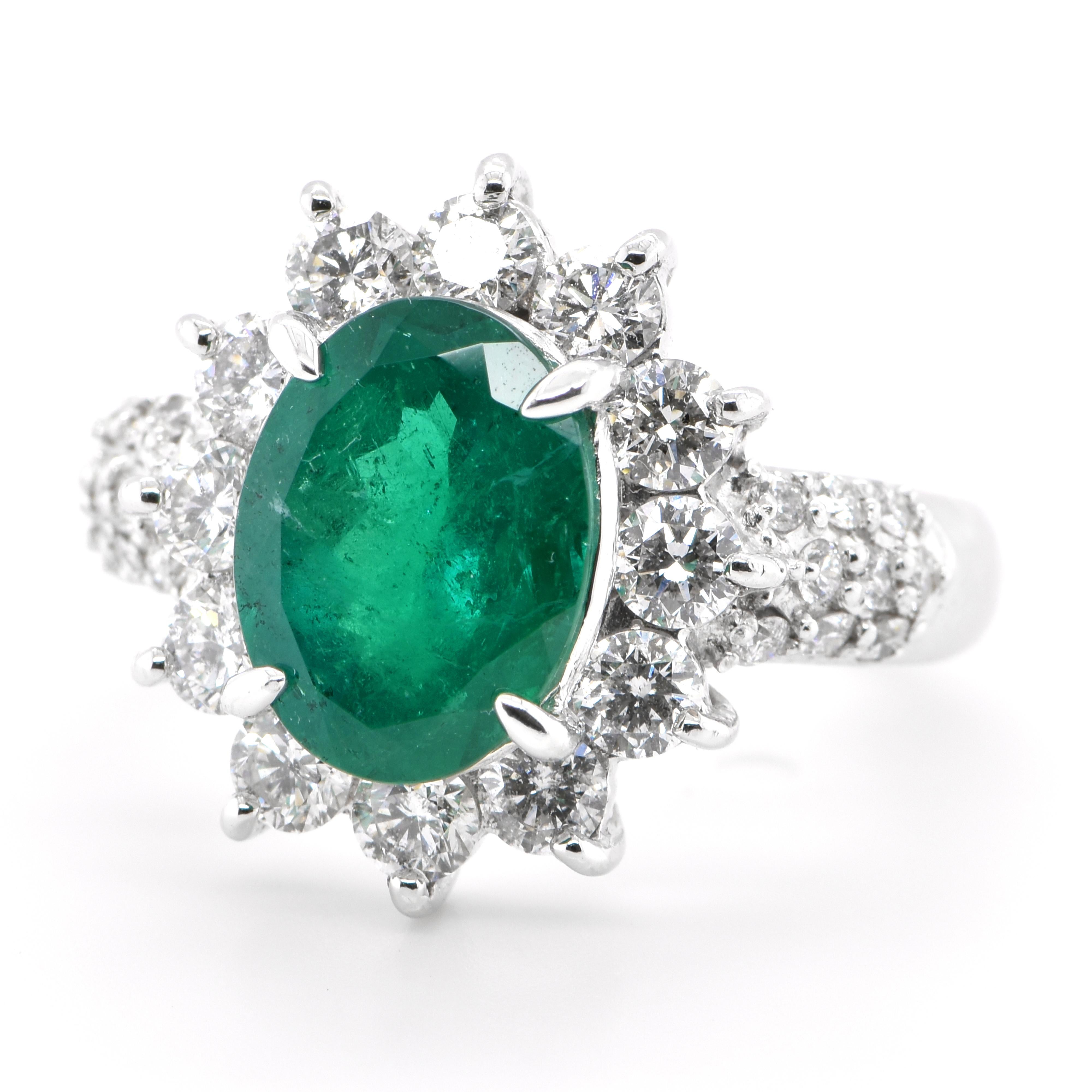 A stunning ring featuring a 2.61 Carat Natural Emerald and 1.36 Carats of Diamond Accents set in Platinum. People have admired emerald’s green for thousands of years. Emeralds have always been associated with the lushest landscapes and the richest