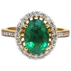 2.61 Carat Natural Oval Emerald Diamond Ring 14 Karat Halo Float Venetian Deco