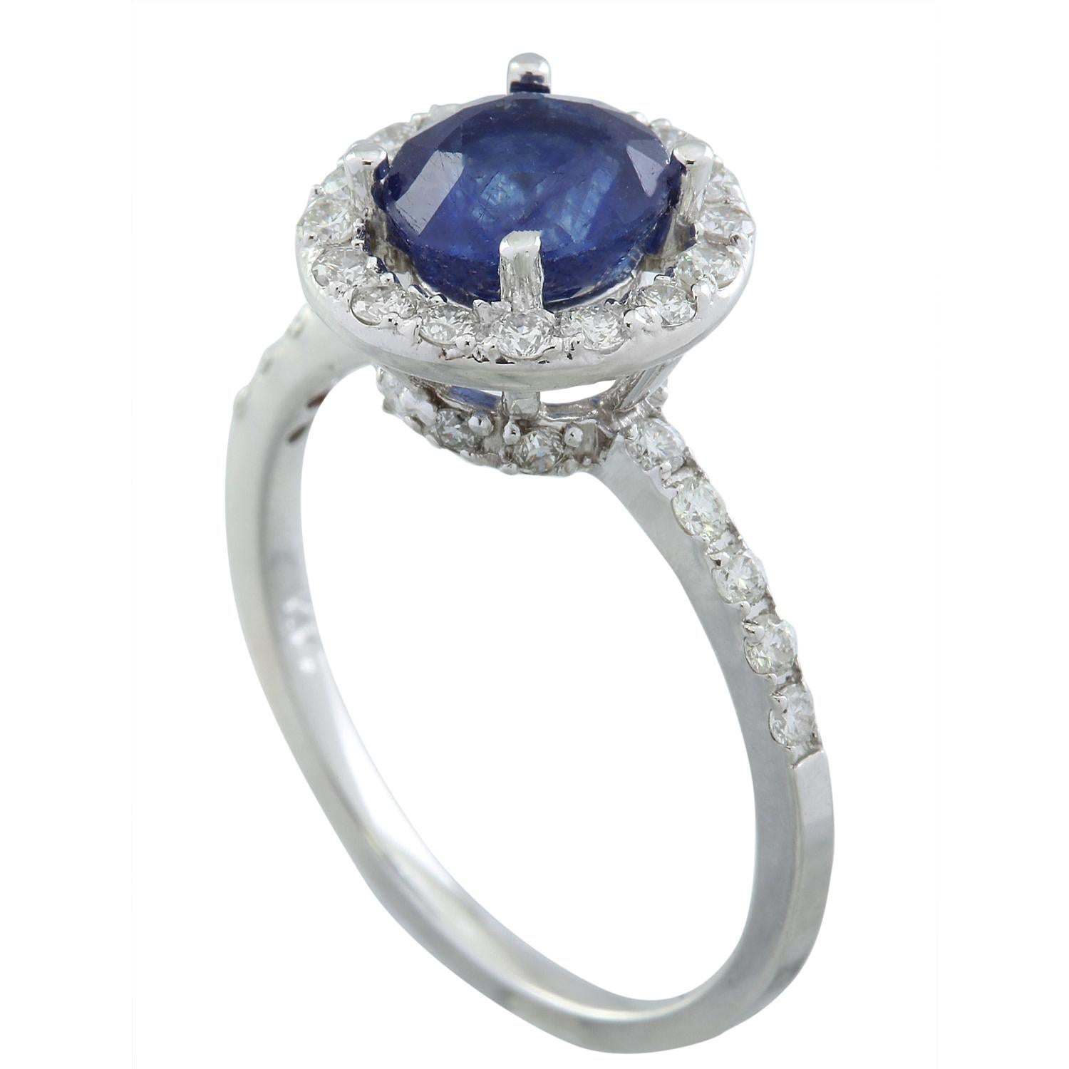 Round Cut 2.61 Carat Natural Sapphire 14 Karat Solid White Gold Diamond Ring For Sale