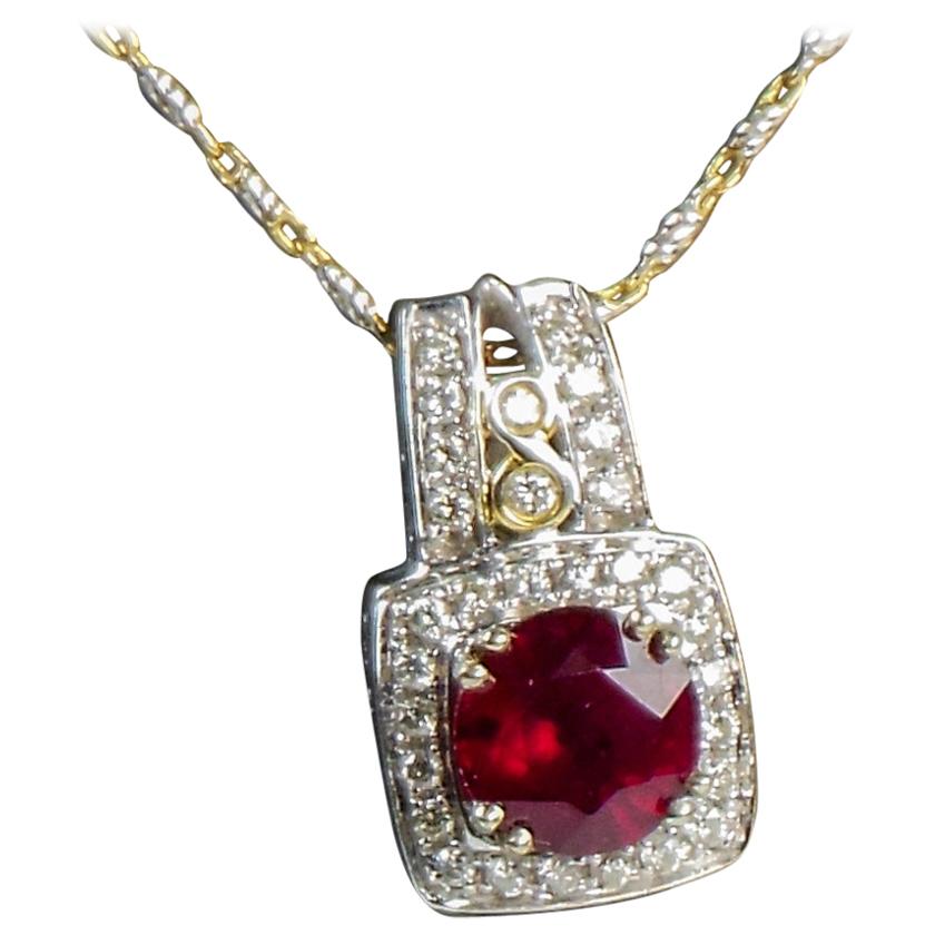 2.61 Carat Ruby and Diamond Pendant 14 Karat White Gold with Two-Tone Chain