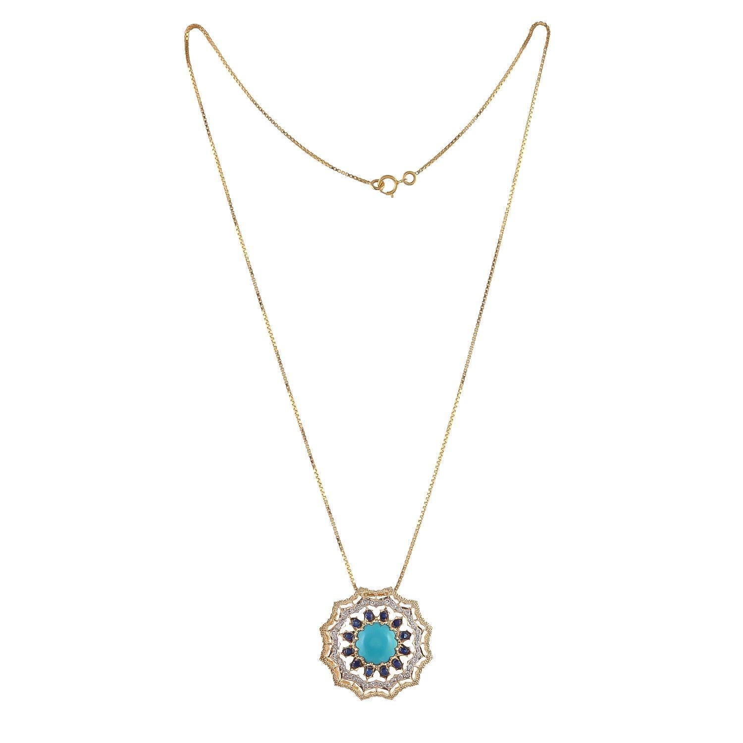 Designed as a flowerhead, set in the centre with 10mm round turquoise weighing approximately 2.61 carats framed by oval-shaped blue sapphires weighing approximately 0.36 carats, the border further decorated with 0.41 carats sparkling white diamonds